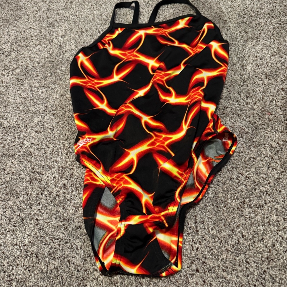 Speedo Endurance+ Vapor Flame Flyback swimsuit in black and orange. Size 8